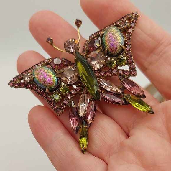 Vintage Butterfly Brooch Mid Century Multicolor Glass Crystals - Picture 9 of 16